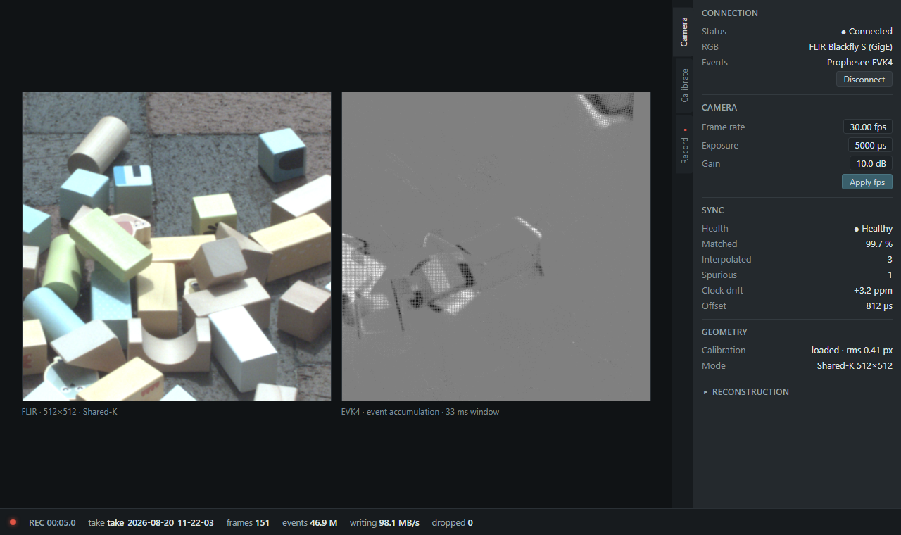 Fusion Studio interface with RGB and event camera previews, synchronization, and calibration controls.